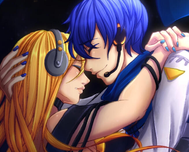VOCALOIDs Lily and Kaito embracing